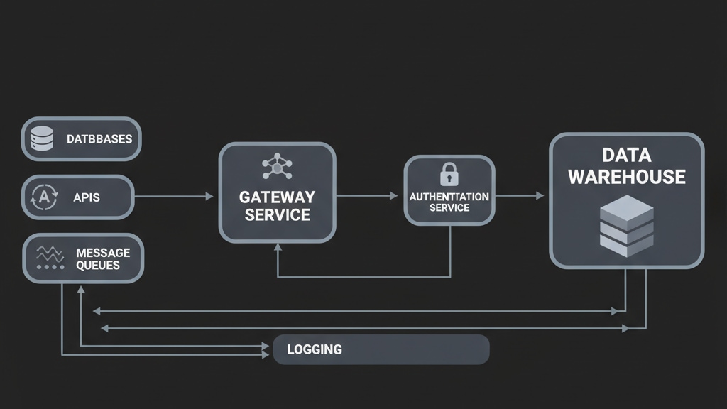 Clean architecture diagram (16:9) showing data flow from sources to data store via gateway and authentication services.