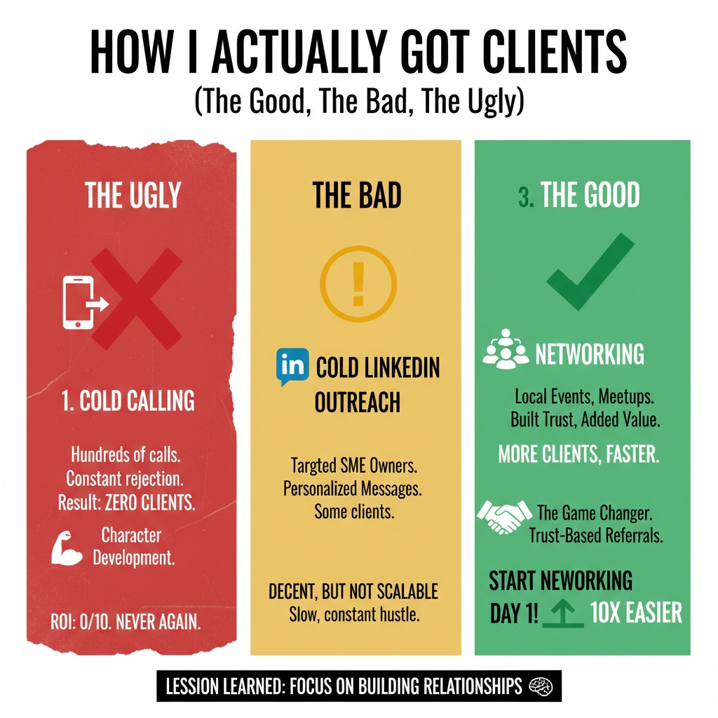 Infographic comparing client acquisition methods: cold calling, LinkedIn outreach, and networking in 16:9 format