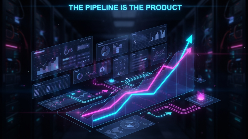 Dark mode pipeline dashboard morphing into cash flow graph, neon accents, 16:9 widescreen format