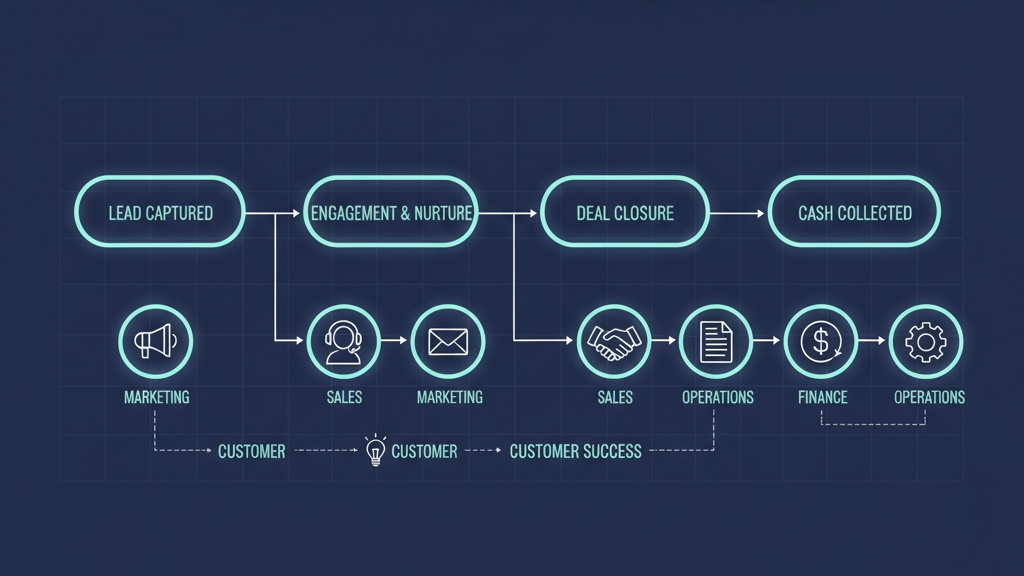 Isometric flowchart showing lead capture to cash collection process. 16:9 business infographic.