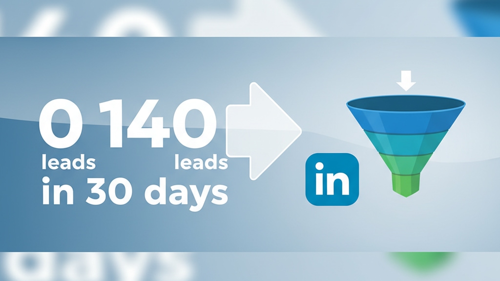 Graphic showing lead generation growth from 0 to 140 in 30 days with a LinkedIn badge and funnel, 16:9 format