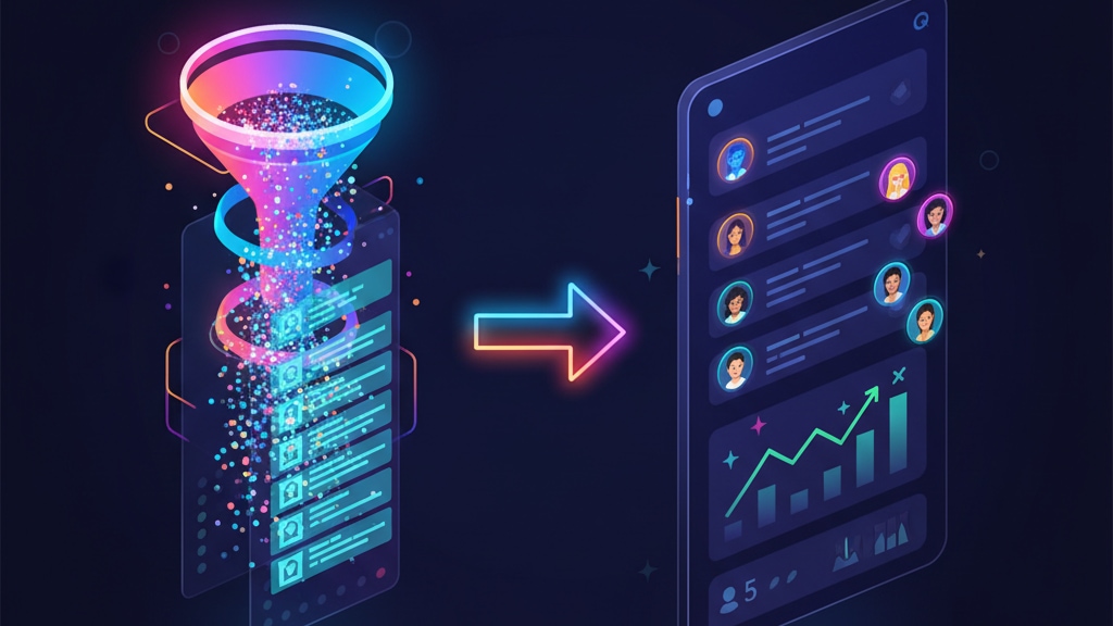Leads magnet funnel converts to copilot users, shown in a 16:9 split-screen tech illustration