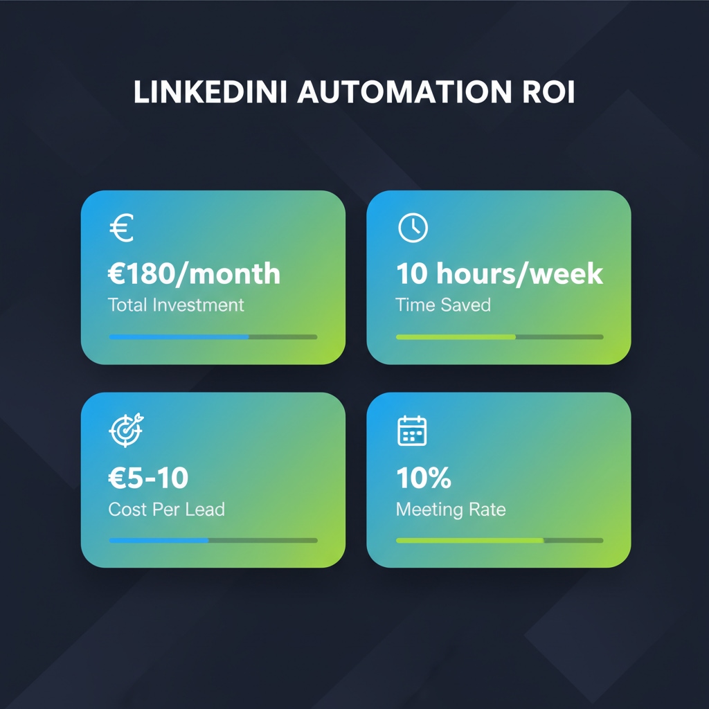 LinkedIn automation ROI infographic (16:9): Investment, time saved, cost per lead, and meeting rate metrics.