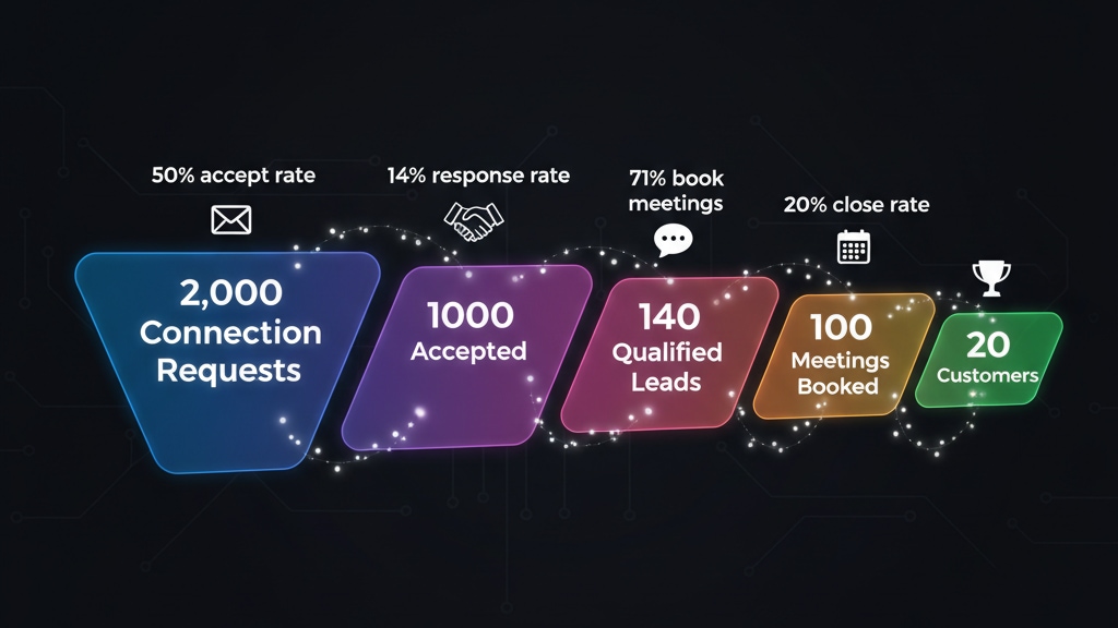 Marketing funnel diagram (16:9) showing lead conversion from connection requests to customers with ROI calculation