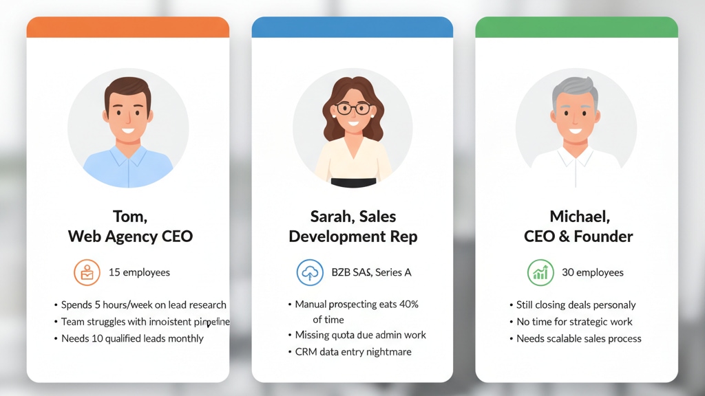 Three persona cards (16:9): Agency Owner, SaaS Sales Rep, Scaling CEO. Each lists pain points and company size.