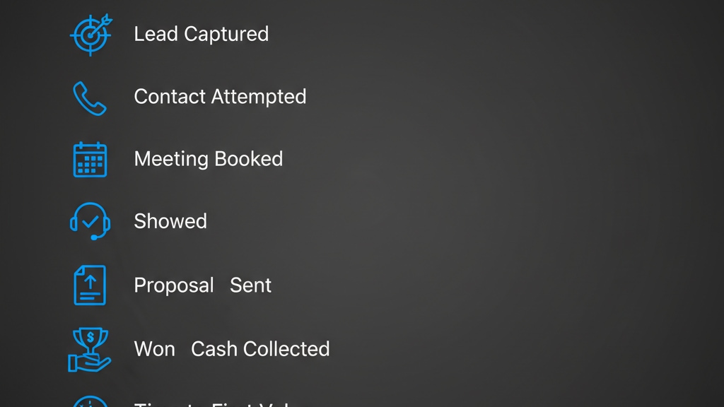Sales process checklist infographic (16:9). Steps: Lead, Contact, Meeting, Showed, Call, Proposal, Won, Cash, Value.