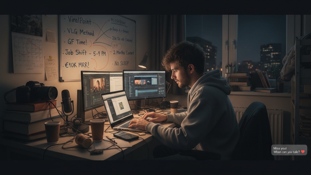 Visual metaphor for starting an agency amidst chaos, content creation focus in a 16:9 widescreen format