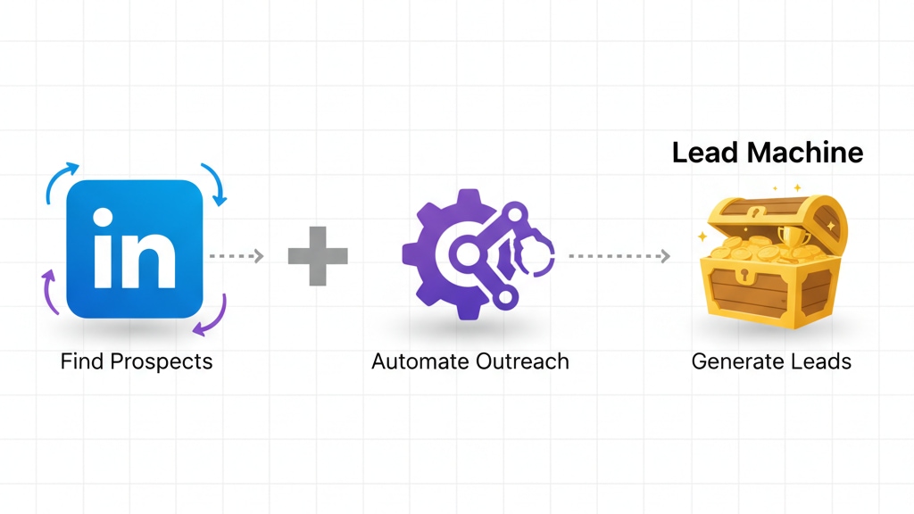 Tech stack diagram (16:9): LinkedIn Sales Navigator flows to automation, generating leads. Find prospects, automate outreach.