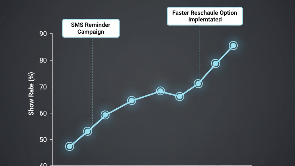 Infographic showing upward weekly show rate trend after interventions (SMS, reschedule) in 16:9 widescreen format